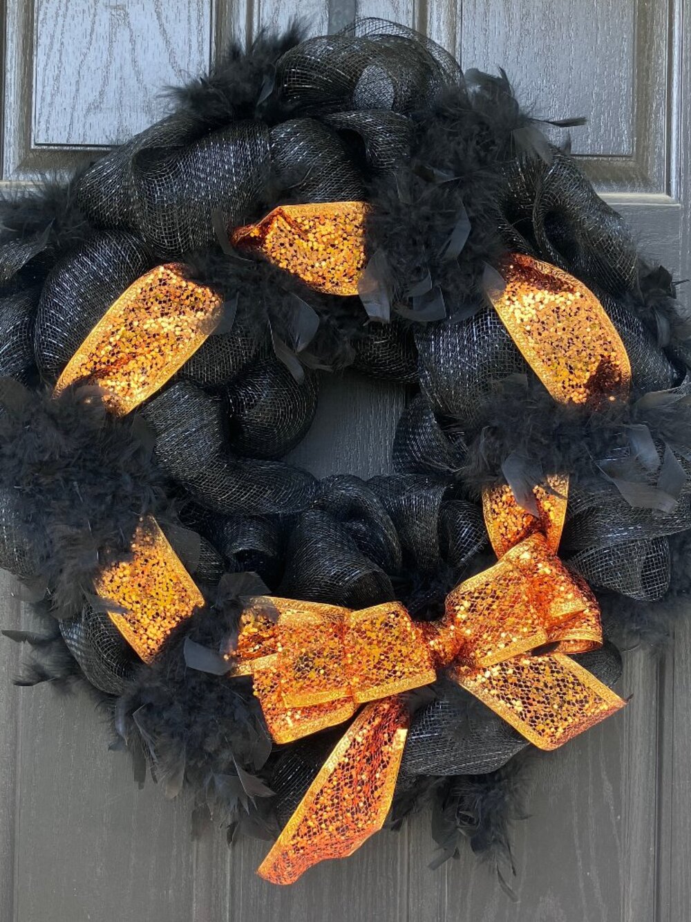 Halloween Feather Deco Mesh Wreath Black Orange Glitter Ribbon Large Big